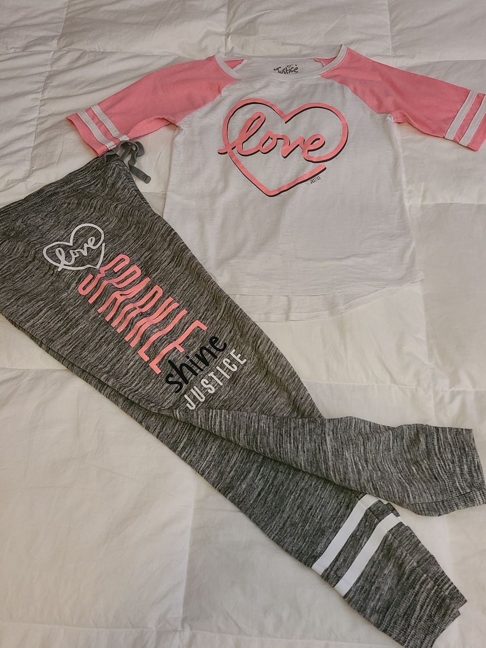 Justice Pink & White 'Love' Baseball Tee with Gray Sparkle Leggings